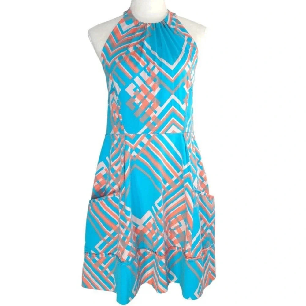 Jessica Simpson Dress Size 14 Blue Geometric Halter Pockets Stretch Cotton Lined